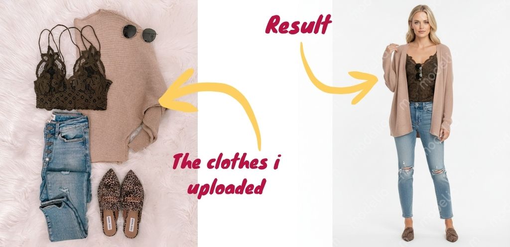 On the left the clothes I wanted the model to wear and on the right is the model wearing the clothes