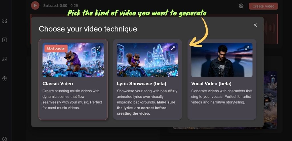 Neural Frames Music Video Creator Step 3: Select The Type Of Video
